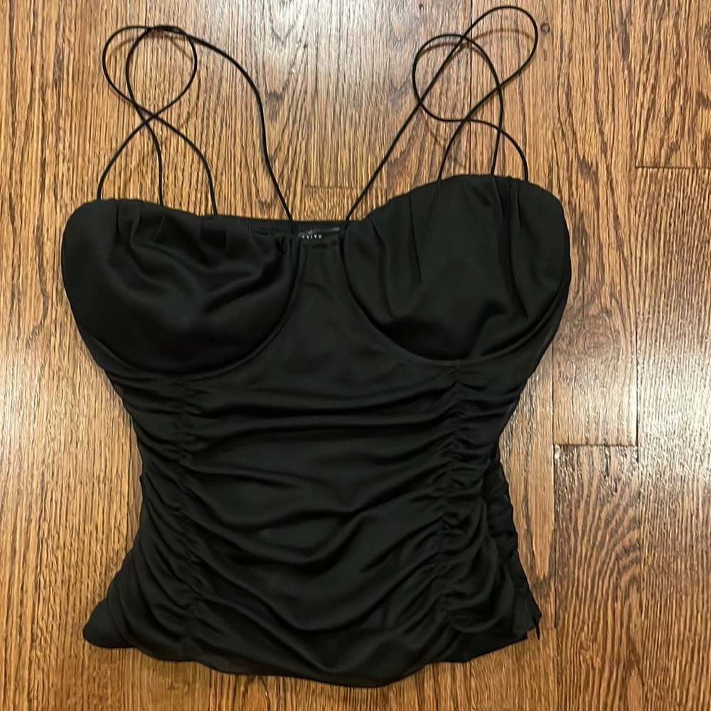 Salty black underwire strappy mesh ruched  corset top size large